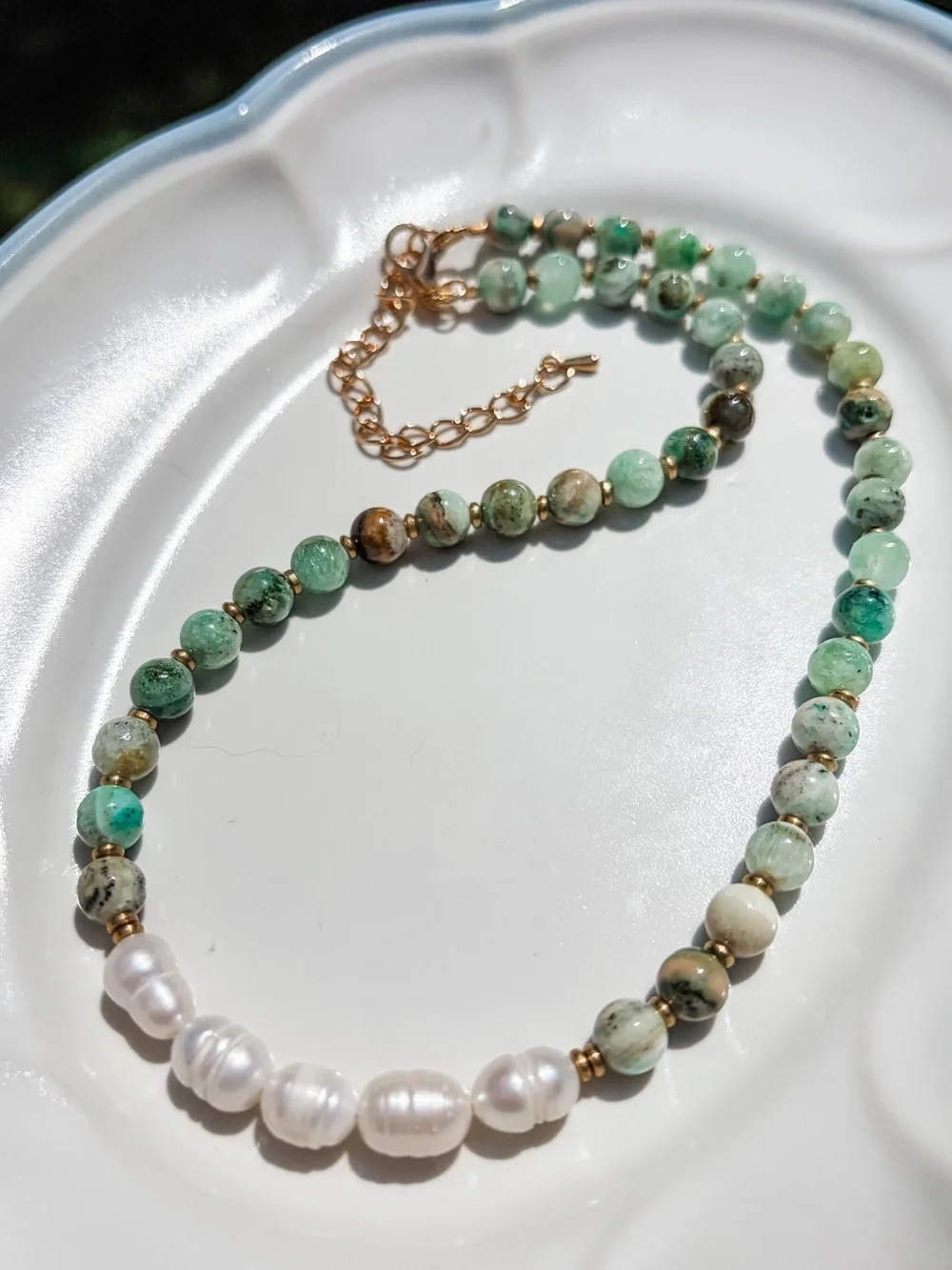 N3 Handcrafted Green Natural Stone and Freshwater Pearl Beaded Necklace
